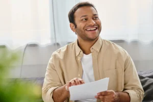 A imagem mostra um jovem homem sorrindo, enquanto segura documentos. Ilustra o texto sobre Nova Lei de Migração.