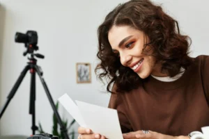 A imagem mostra uma jovem mulher, sorrindo, enquanto olha para documentos. llustra o texto sobre Carteira de Registro Nacional Migratório.
