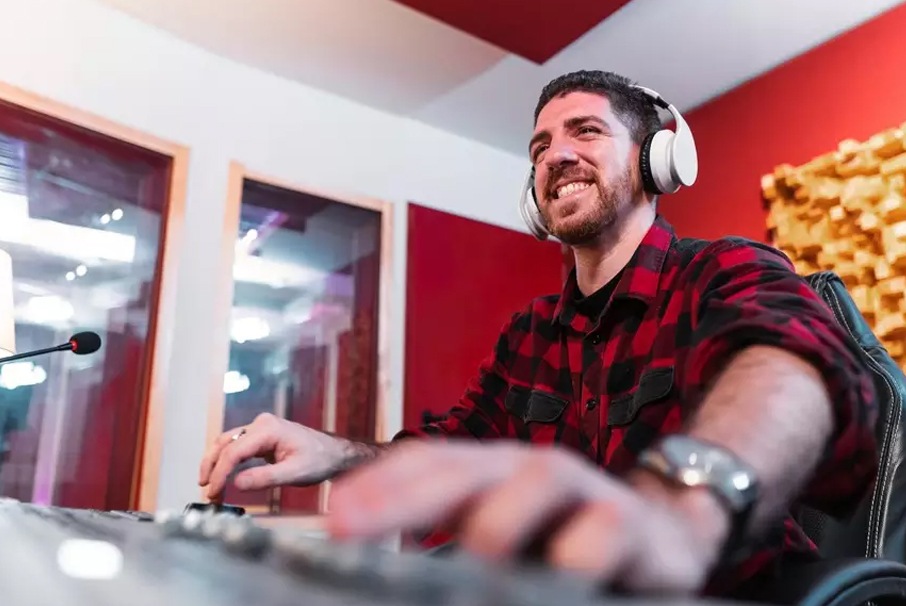 A imagem mostra um homem sorridente em um estúdio, em seu computador