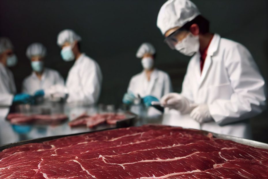 A imagem mostra cortes de carnes sendo inspecionados por funcionários em um ambiente industrial e ilustra o texto: Exportação de carne: o guia completo para empreendedores da Koetz Advocacia.