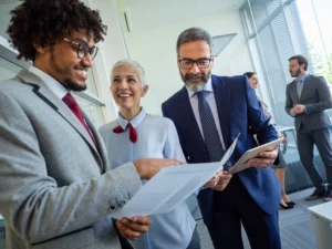 La imagen muestra una reunión de negocios y el trabajo en equipo de empresarios en la oficina. Ilustra el texto sobre la ciudadanía brasileña por inversión.