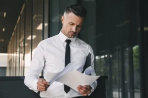 A imagem mostra um jovem homem de negócios, analisando documentos. Ilustra o texto sobre distrato de contrato.
