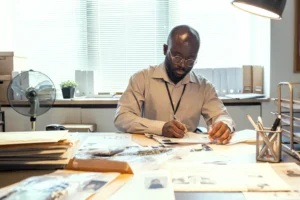 La imagen muestra a un joven negro, sentado a una mesa, trabajando. Ilustra el texto 