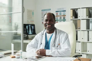 A imagem mostra um médico negro, de meia idade, em seu consultório, de jaleco e estetoscópio em volta do pescoço, sorrindo para a câmera. Ilustra o texto sobre defesa médica.