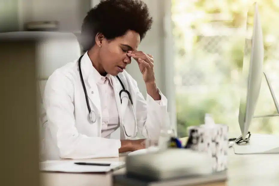A imagem mostra uma médica negra, usando jaleco e estetoscópio em volta do pescoço, sentada em uma cadeira, em seu consultório, com uma expressão preocupada. Ilustra o texto sobre médico pode ser processado civil e criminalmente.