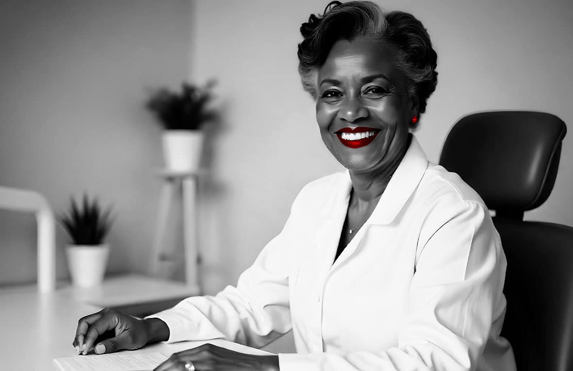 A imagem mostra uma médica de meia idade, negra, de jaleco, em seu consultório, sorrindo para a câmera.
