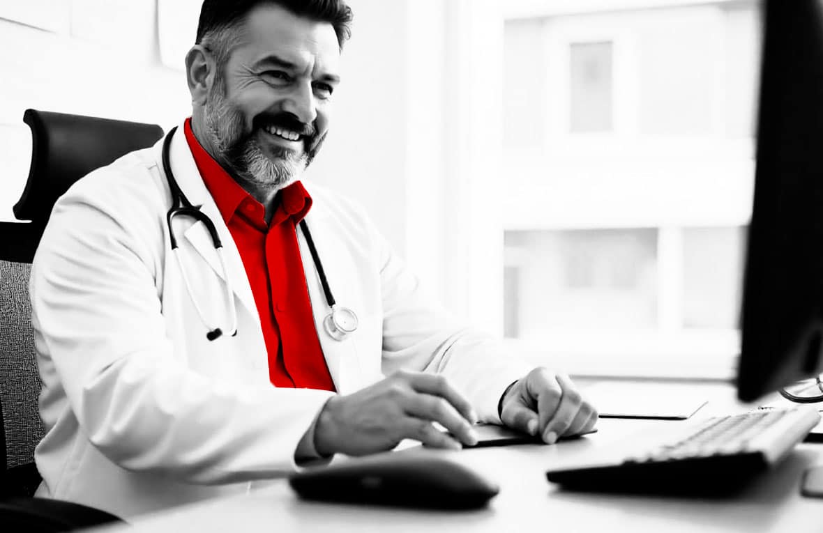 A imagem mostra um médico de meia idade, usando jaleco e estetoscópio em volta do pescoço, em seu consultório, usando o computador e sorrindo.