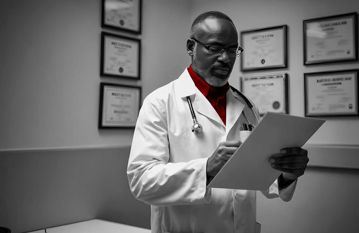 A imagem mostra um médico de meia idade, negro, em seu consultório, analisando documentos. Ele usa jaleco e estetoscópio em volta do pescoço.