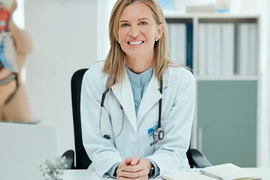 A imagem mostra uma médica de meia idade, com cabelos loiros, em seu consultório. Ela usa jaleco, estetoscópio em volta do pescoço e sorri para a câmera. Ilustra o texto sobre responsabilidade civil do médico.