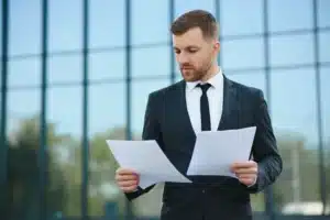 La imagen muestra a un joven empresario de traje analizando documentos. Ilustra el texto de los estatutos sociales o las solicitudes sociales.