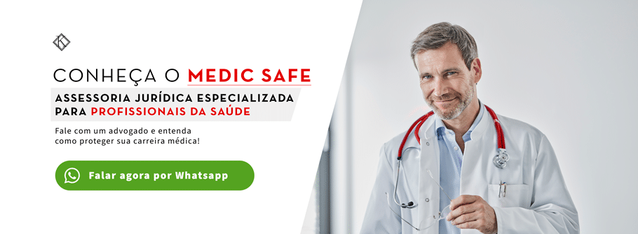 A imagem mostra um banner do Medic Safe, assistência jurídica para médicos. Com um botão do WhatsApp.