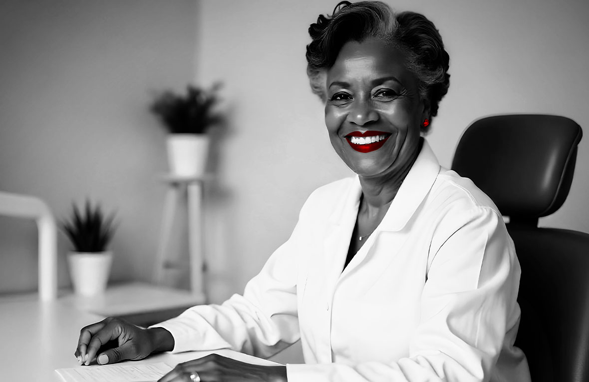 A imagem mostra uma médica de meia-idade, em sem consultório, com papéis na mesa, sorrindo para a câmera.
