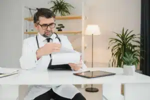 A imagem mostra um médico de meia-idade, com jaleco, gravata e estetoscópio em volta do pescoço, em seu consultório. Ele analisa documentos. Ilustra o texto sobre médico e imposto.