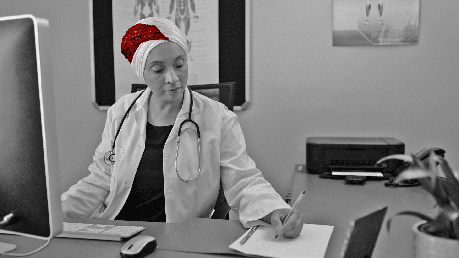 A imagem mostra uma jovem médica, de jaleco, estetoscópio em volta do pescoço. Ela está em seu consultório, sentada à mesa, escrevendo em documentos.