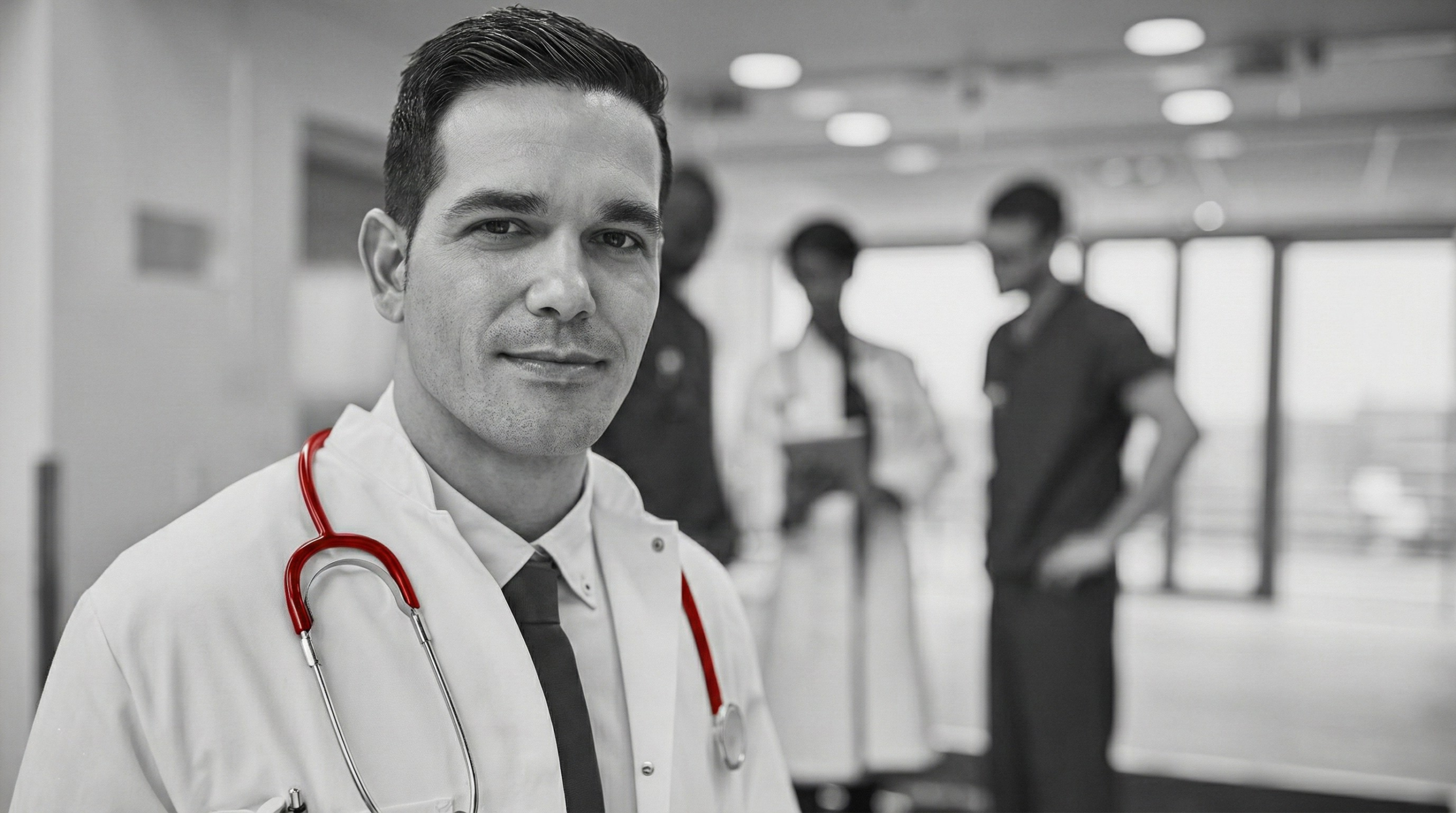 A imagem mostra um médico, em ambiente hospitalar, olhando para a câmera.