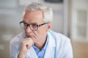 A imagem mostra um médico idoso, usando jaleco, estetoscópio em volta do pescoço. Ele apoia o queixo com uma das mãos, com expressão séria. Ilustra o texto sobre Defesa de sindicância no CRM.