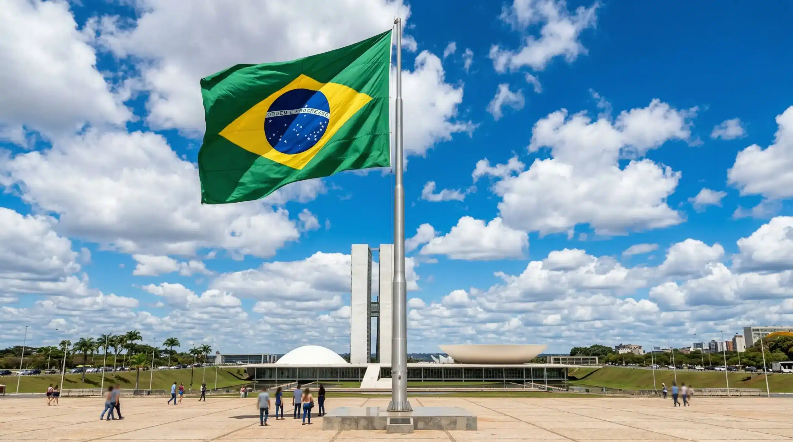 La imagen muestra la bandera brasileña ondeando al viento en la capital, Brasilia. Ilustra el texto sobre actividades exclusivas para brasileños.