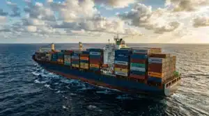 La imagen muestra un buque de carga en alta mar, transportando contenedores. Ilustra el texto sobre los principales sectores y actividades en Brasil.