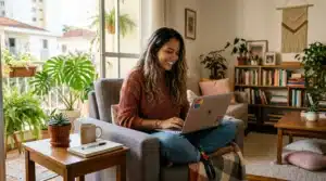 La imagen muestra a una joven sentada en un sofá, trabajando con su portátil sobre las piernas. Está sonriendo. Ilustra el texto sobre los nómada digital.