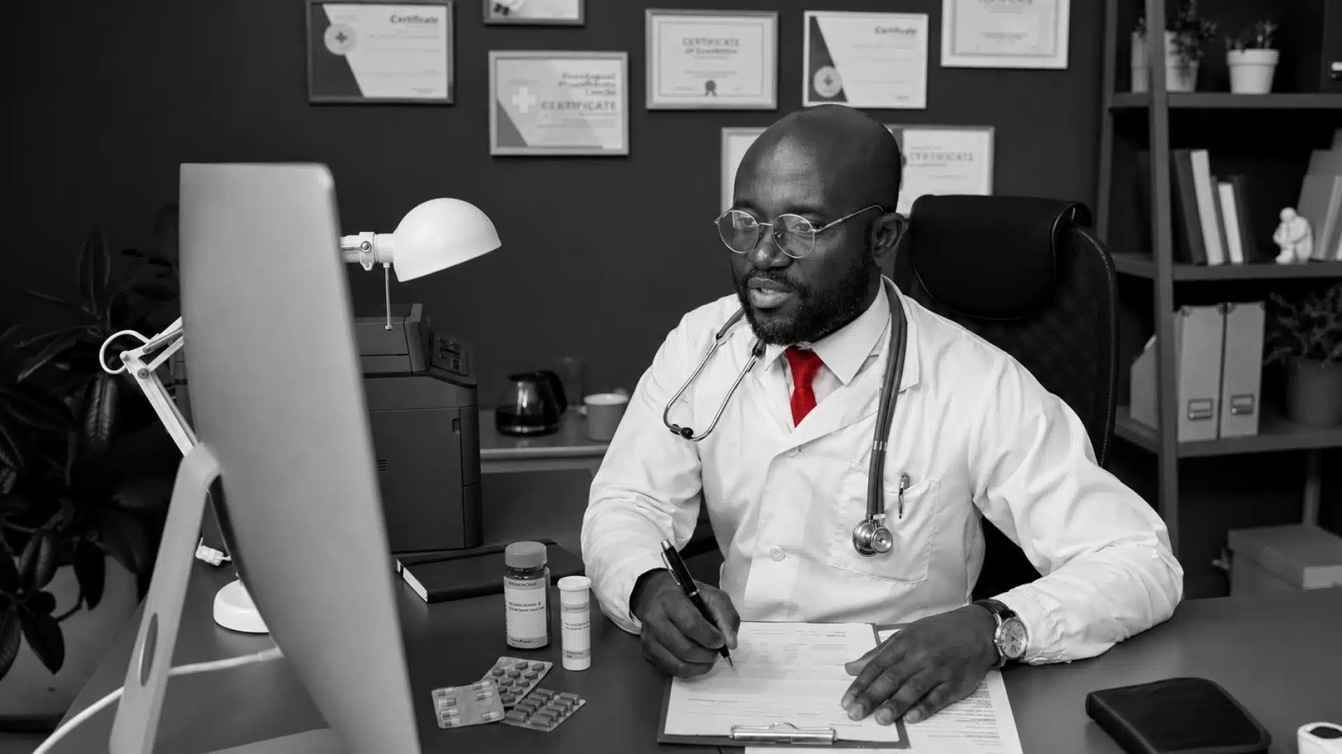 A imagem mostra um médico, sentado à mesa, em seu consultório, praticando uma consulta on-line.