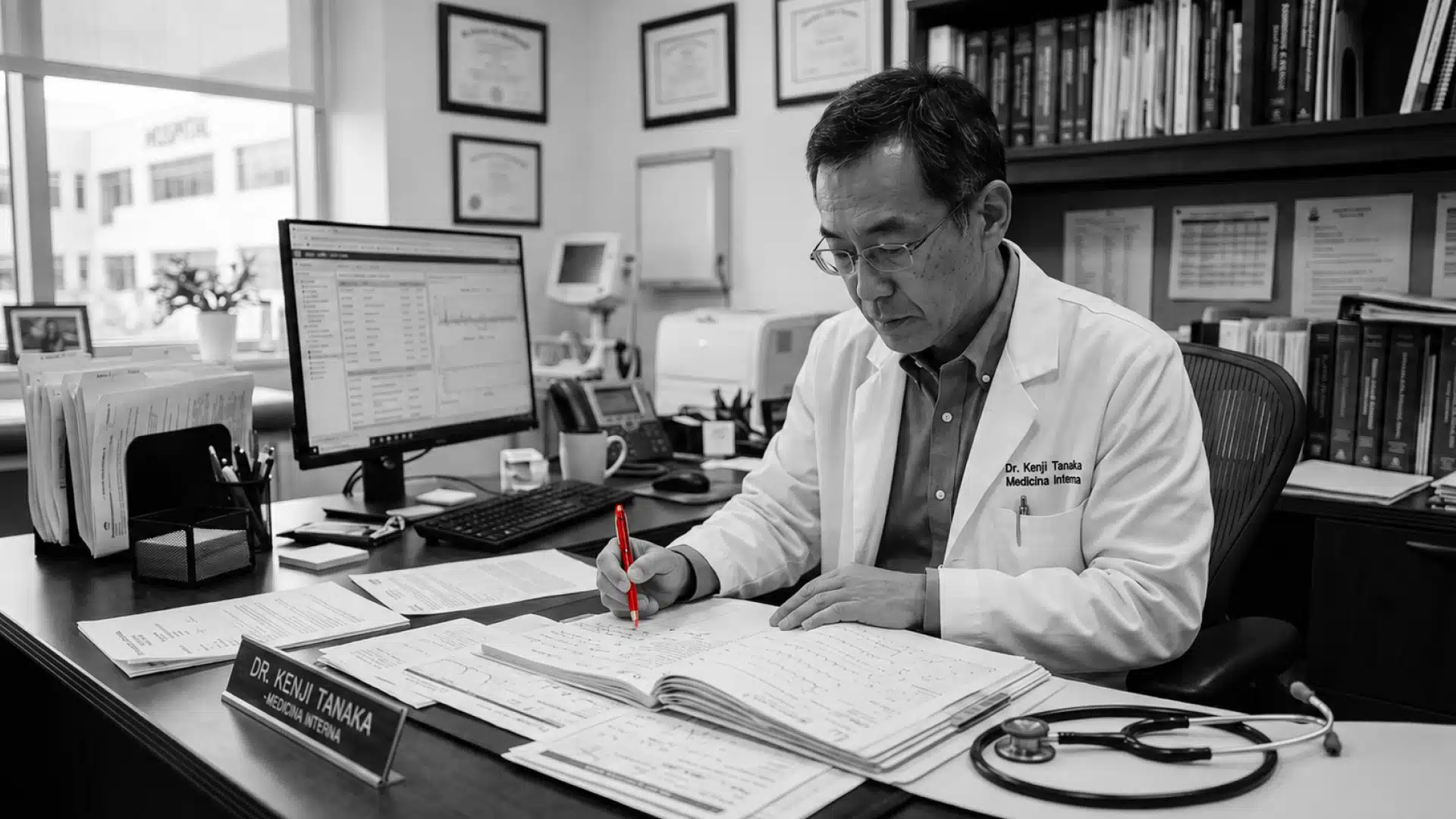 A imagem mostra um médico de meia-idade, em seu consultório, sentado à mesa, analisando documentos.