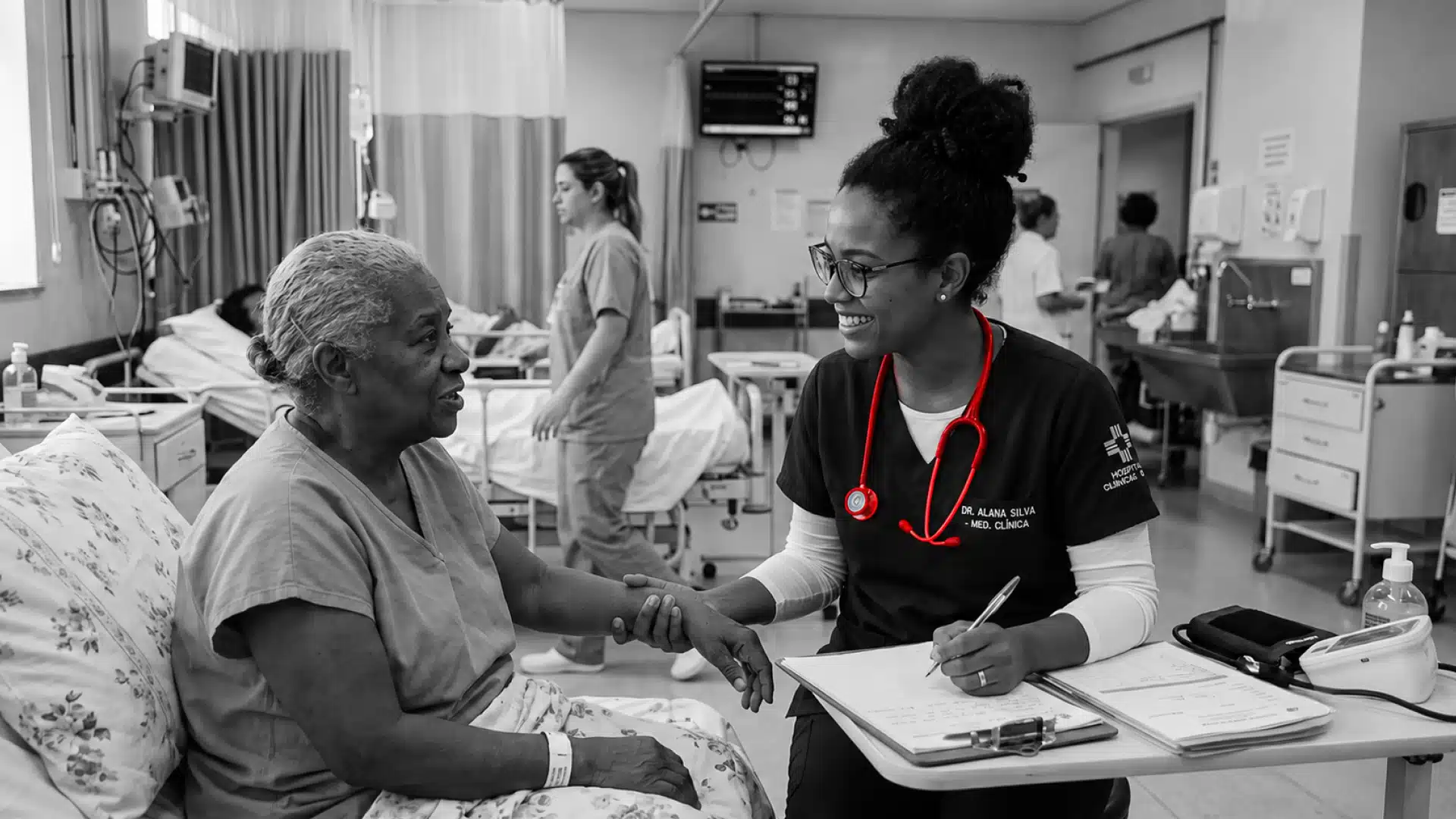 A imagem mostra uma médica, em ambiente hospitalar, atendendo uma paciente.