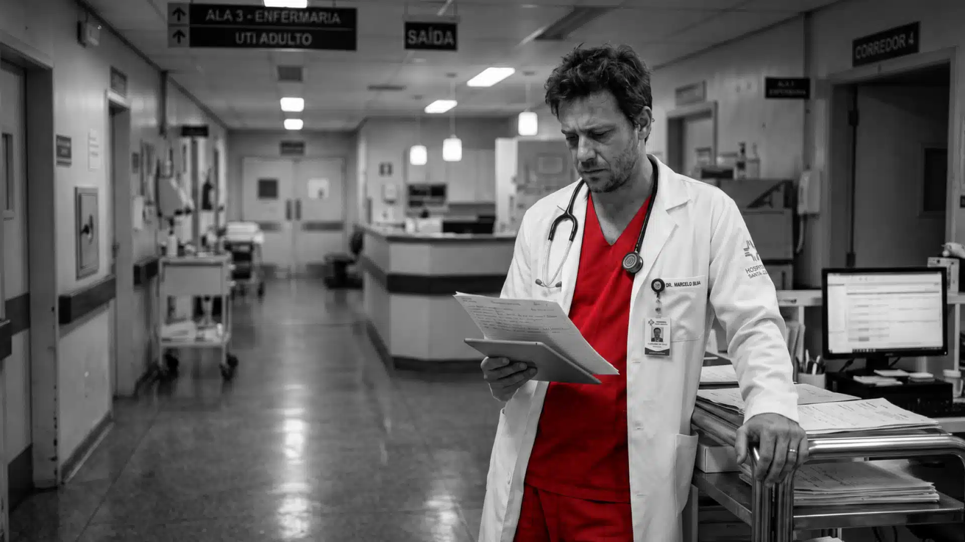 A imagem mostra um médico, em ambiente hospitalar, analisando um documento com expressão séria.