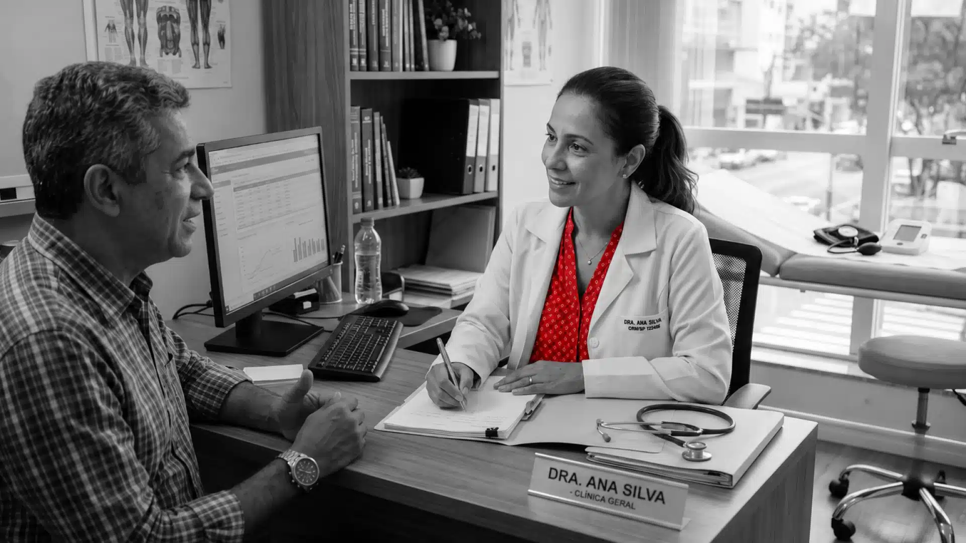 A imagem mostra uma médica, sentada à mesa, em seu consultório, atendendo um paciente.