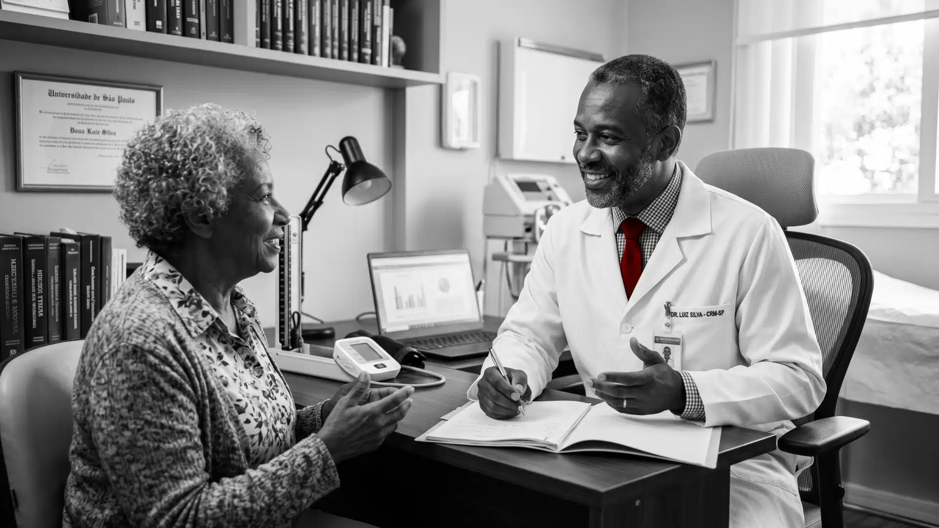 A imagem mostra um médico em seu consultório sorrindo, atendendo uma paciente.