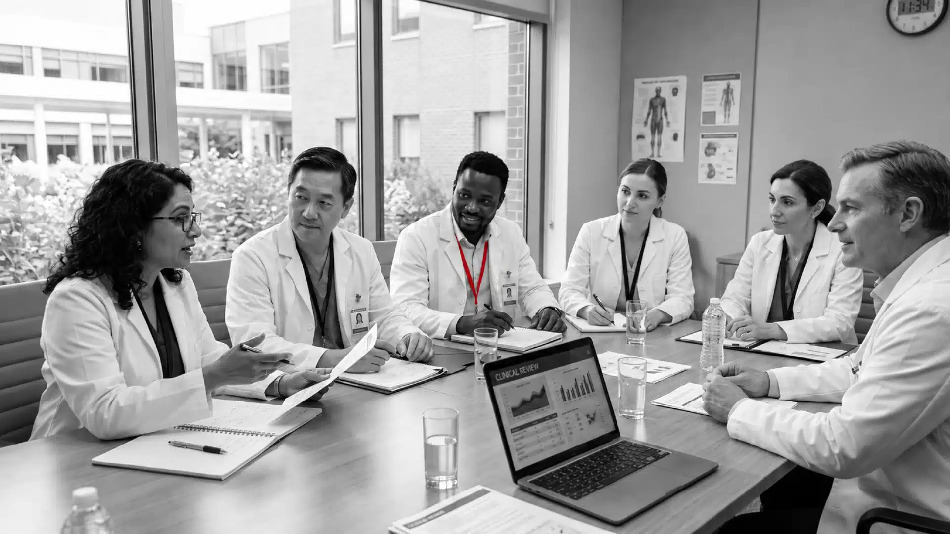 A imagem mostra um grupo de médicos em uma reunião.