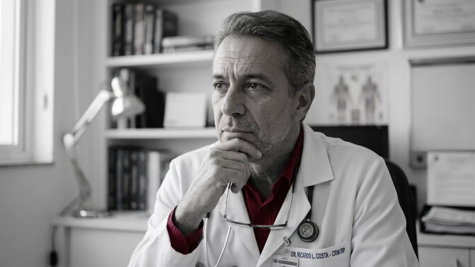 A imagem mostra um médico, em seu consultório, sentado à mesa, com uma expressão pensativa.