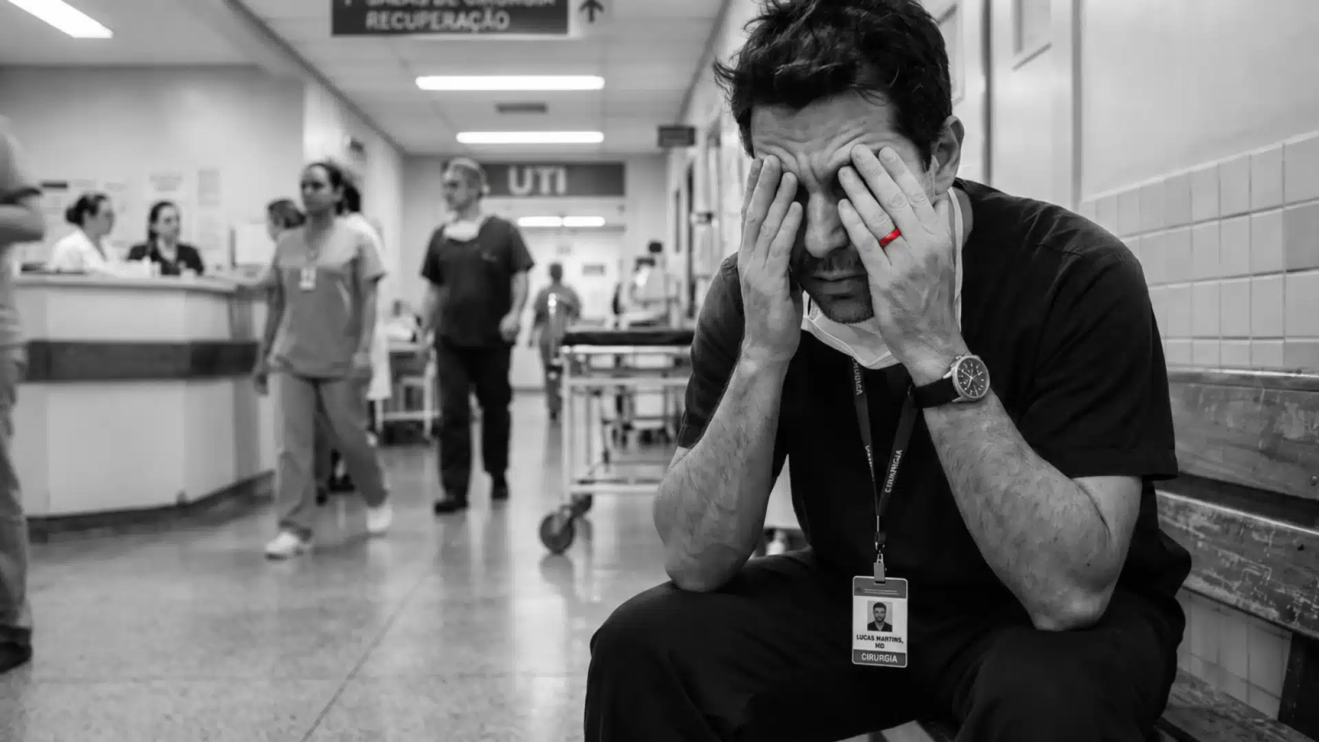 A imagem mostra um médico, com roupas cirúrgicas, em ambiente hospitalar, com ambas as mãos no rosto, preocupado.