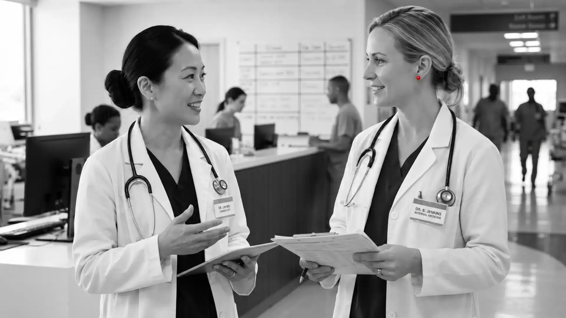 A imagem mostra duas médicas em ambiente hospitalar, conversando sobre um prontuário.