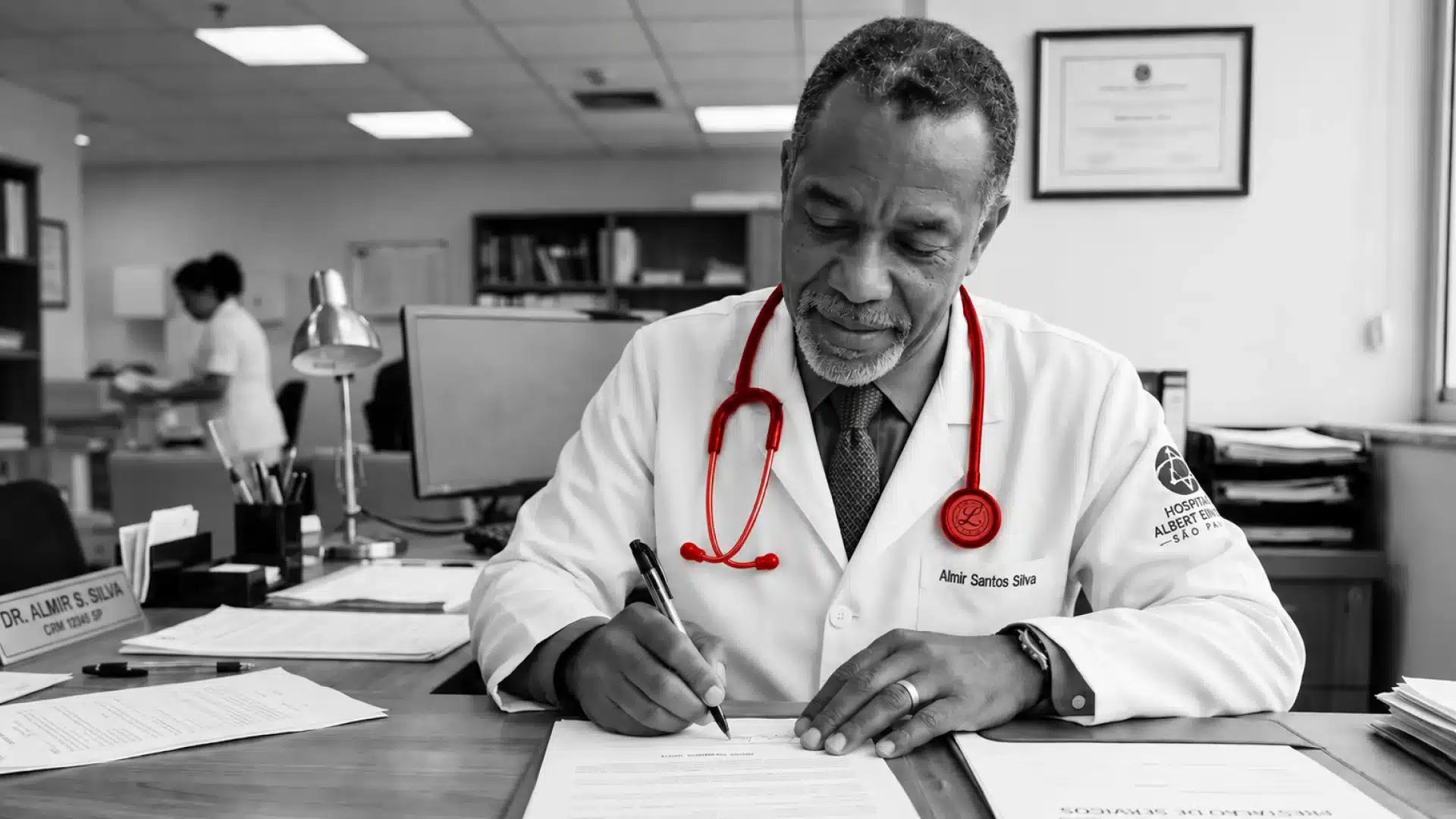 A imagem mostra um médico de meia-idade, usando jaleco, estetoscópio, assinando um documento.